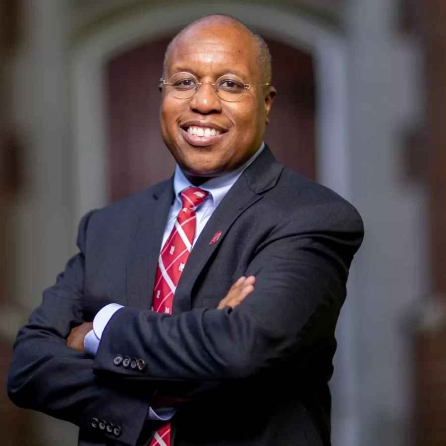 President Garry W. Jenkins poses for portraits adjacent to Alumni Gym, the Muskie Garden, and on the Historic Quad in front of Hathorn Hall.