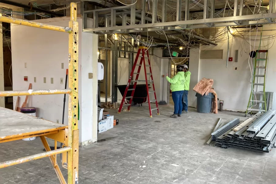 This first-floor space at the north end of 96 Campus Avenue is being redone as a building-wide student lounge. The second and third floors will also feature much smaller, more-casual seating areas. (Doug Hubley/Bates College)