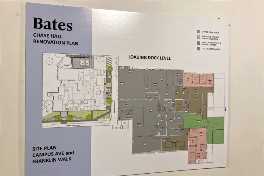 During the 2022–23 renovation of Chase Hall, Student Affairs staff and student organizations were quartered at 96 Campus Avenue, up the street from Chase. This Chase floor plan provided a sense of what lay ahead for the temporary occupants of No. 96, who moved back into Chase in August 2023. (Doug Hubley/Bates College)