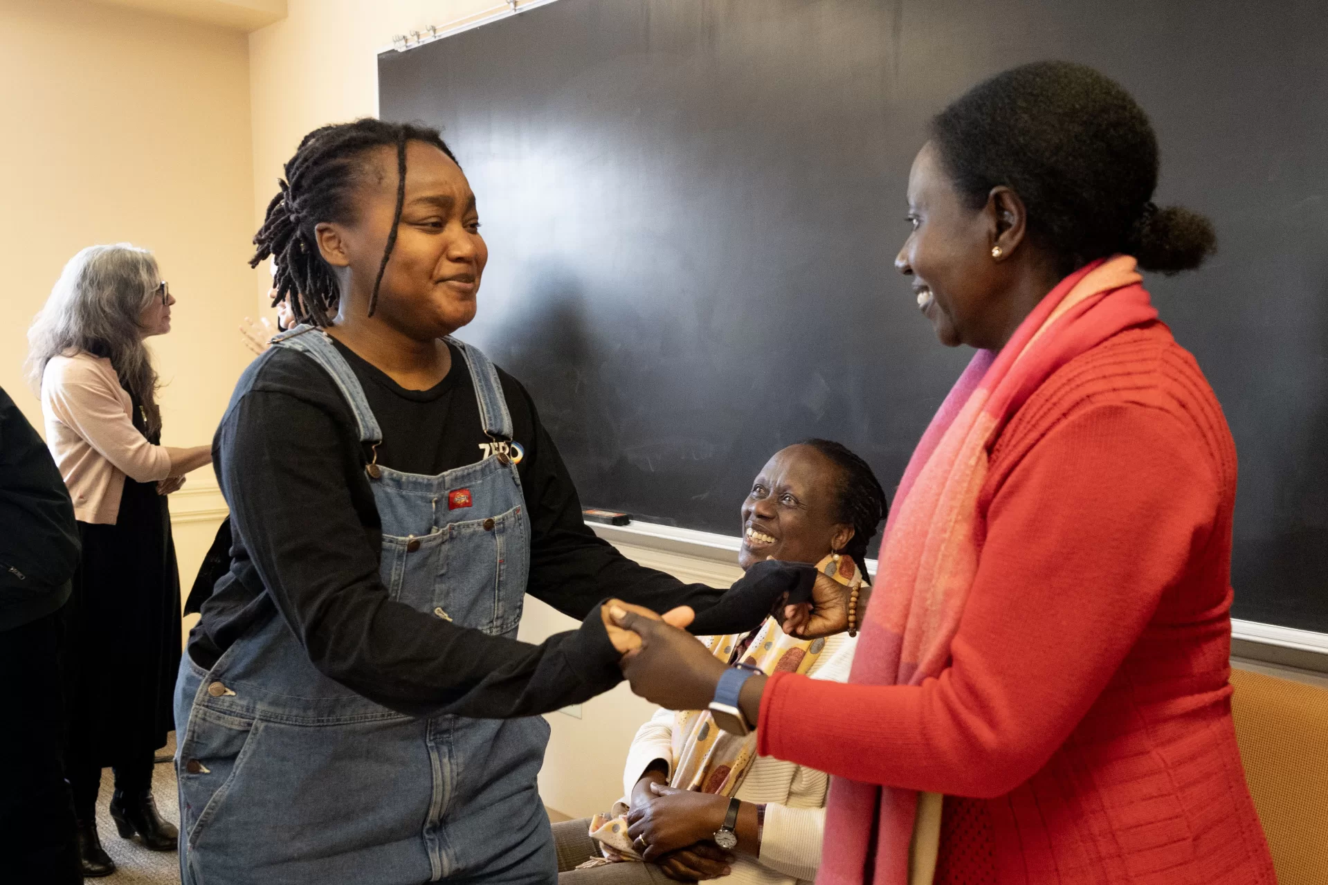 Bora Lugunda ’25

Guests from “Rwanda 30 Years After: Trauma Healing of Genocide Survivors and Intergenerational Trauma,” who spoke at the Olin Arts Center on Sunday, March 24, meet in a join session with faculty and students from three classes in Roger Williams 315 on March 25.
Speakers: From left, Esther Mujawayo, Chantal Kayitesi & Jean Bosco Rutagengwa
Organizer: Dept. of French and Francophone Studies, BatesCollege
Co-organizers: Rwandese Community Association of Maineand Ibuka-Maine
Co-sponsors: Dept. of History, Dept. of Politics, TheAfricana Club
 &The Harward Center for Community Partnerships

The faculty and classes:

Representations of the Genocide against the Tutsi in Rwanda (FRE379 ADR Alex Dauge-Roth)
(Gender, Race, and Social Class in Francophone Films (FRE151 Laura Balladur) and Historical Methods (FRE399 Patrick Otim)