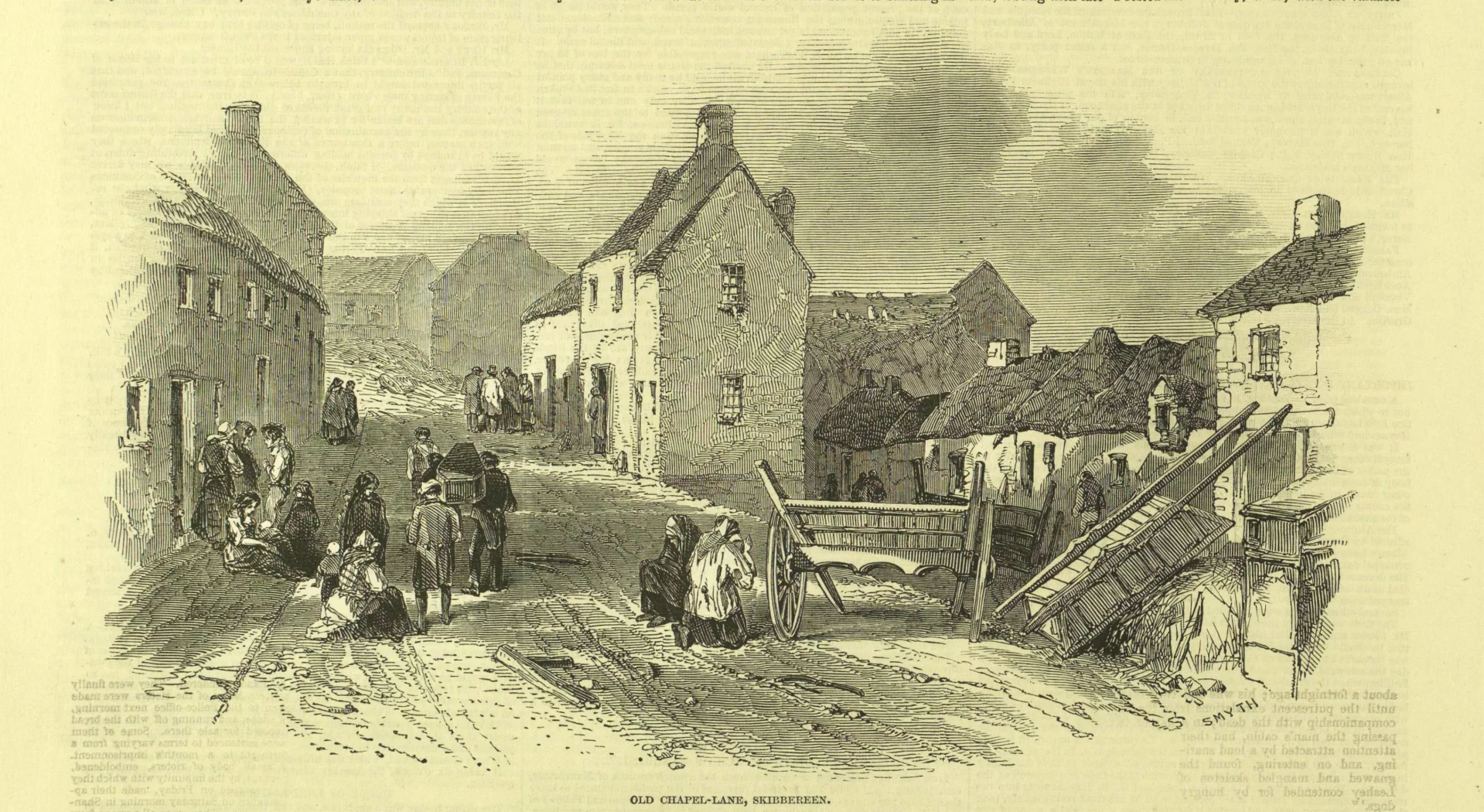 The illustration was published in The Illustrated London News during the Great Famine in Ireland in Feb. 13, 1847, with the caption “Old Chapel-Lane, Skibbereen,” a town in County Cork on the southern coast of Ireland. The writer of the accompanying story, James Mohony, said that “neither pen nor pencil ever could portrait the misery and horror, at this moment, to be witnessed in Skibbereen.” (Photo courtesy of Anelise Hanson Shrout)