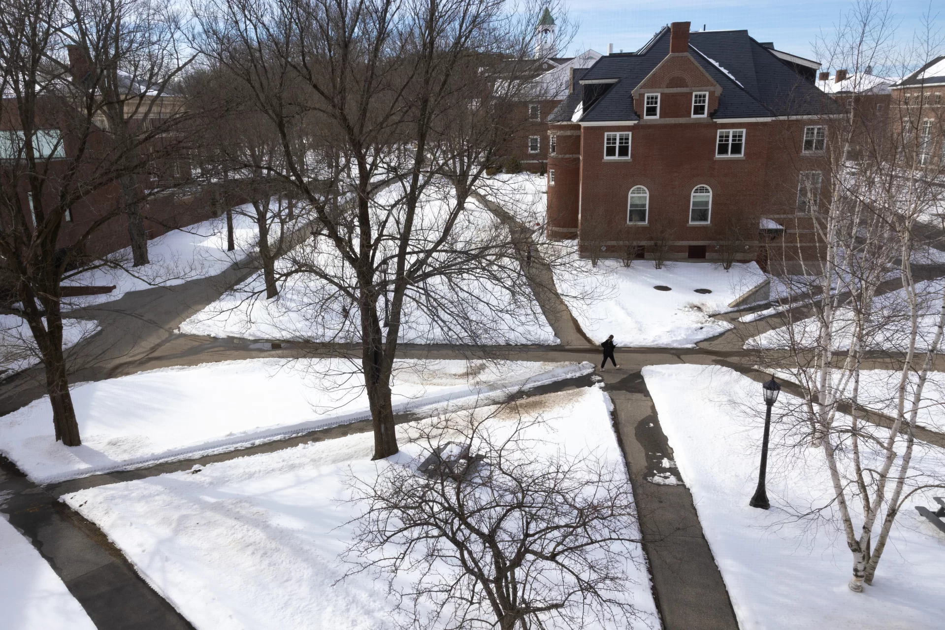 After a rainy and warm winter, Bates was surprised by a big late-seasons snowfalls, a foot on March 24.

This photograph was taken from a window in Roger Williams Hall shortly after the first snowstorm as the high spring sun starts doing a number on the new snowfall.