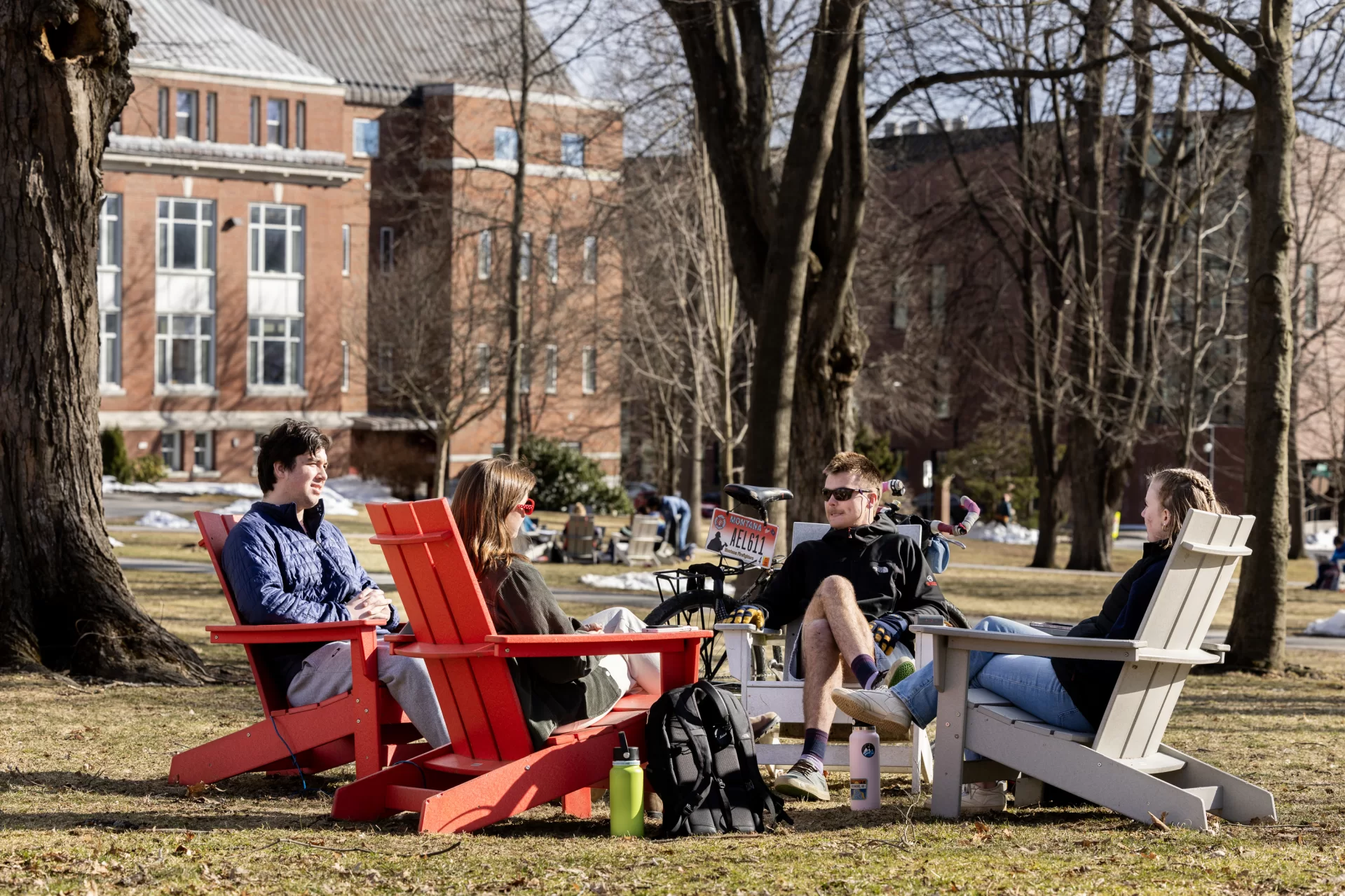 “I wanted to go outside before three feet of snow gets dumped on us.” — Charlotte Racine ’27 (right) of Richmond, Va., on the decision she made with her classmates Maia Seigerman ’26 of Larchmont, N.Y., Chris Scotti ’27 of Bronxville, N.Y., and Cal Schrupp ‘24 of Gilford N.H., to hold their weekly meeting on the Historic Quad. The four are students in Professor of Gender and Sexuality Studies Rebecca Herzig’s class “Technology in U.S. History,” in which students break into small groups to discuss course-related prompts. No reason not to soak up the warmth of spring and the first day of April before some snow arrives later this week. (Oh, how we wish it were an April Fools prank.)