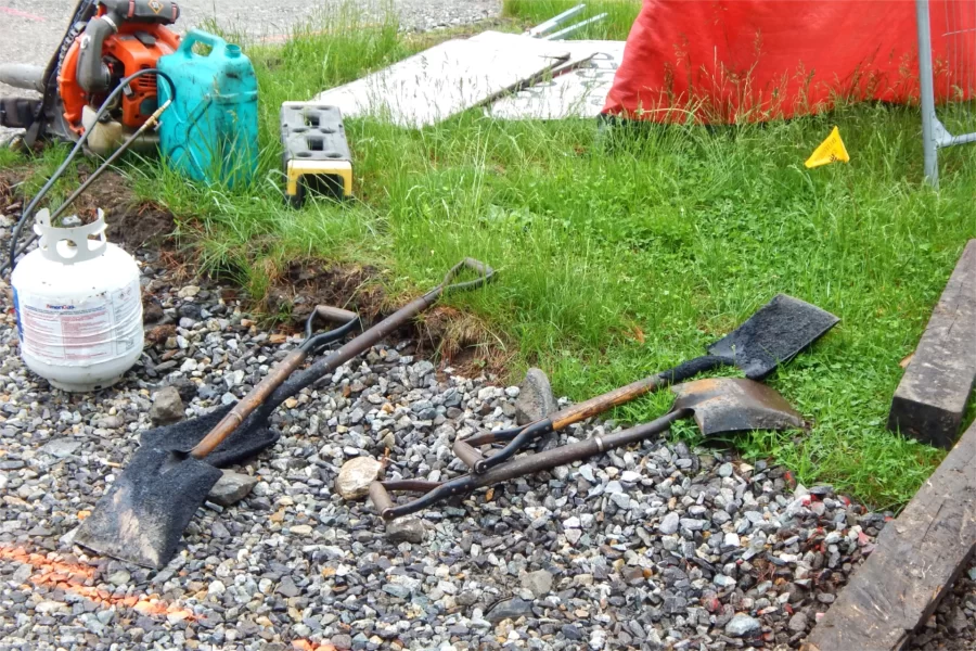 Pavers’ tools at the ready at 96 Campus Avenue on May 28. (Doug Hubley/Bates College)