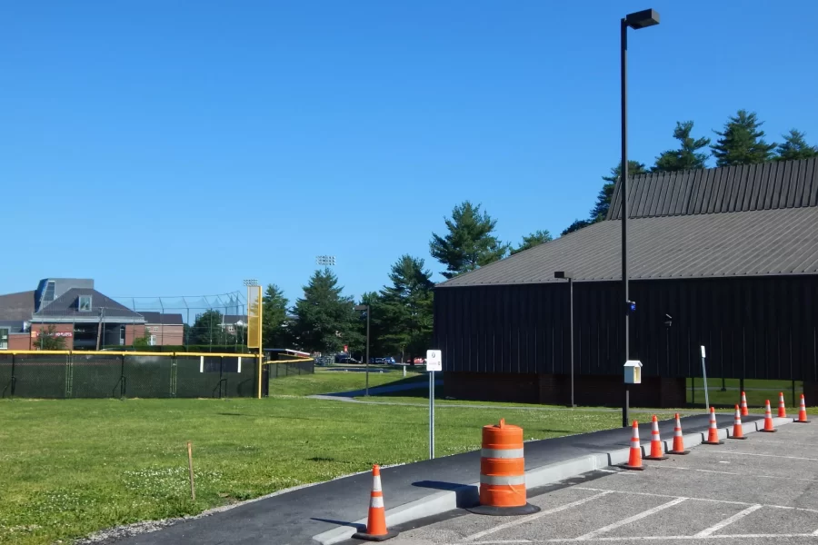 Here’s the northern end of the new footpath linking the new student residence at 96 Campus Avenue to a major east-west campus  walk, barely visible at center. (Doug Hubley/Bates College)