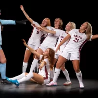 From left, Samantha Bunar ’26, Kylie Musante ’26, Olivia Faucera ’26, Nadia Schwartz ’26, Tess Griffith. Seated: Gabby Monaco