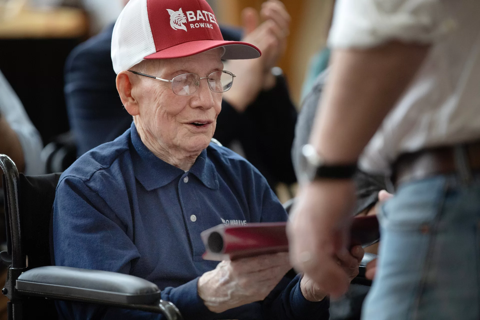On Saturday April 29, 2023 at Perry Atrium in Pettengill Hall Bates Rowing Head Coach Peter Steenstra presented Bates alumnus ’50 Ralph Sylvester with a blade. Sylvester is the only non-rower to receive a blade.