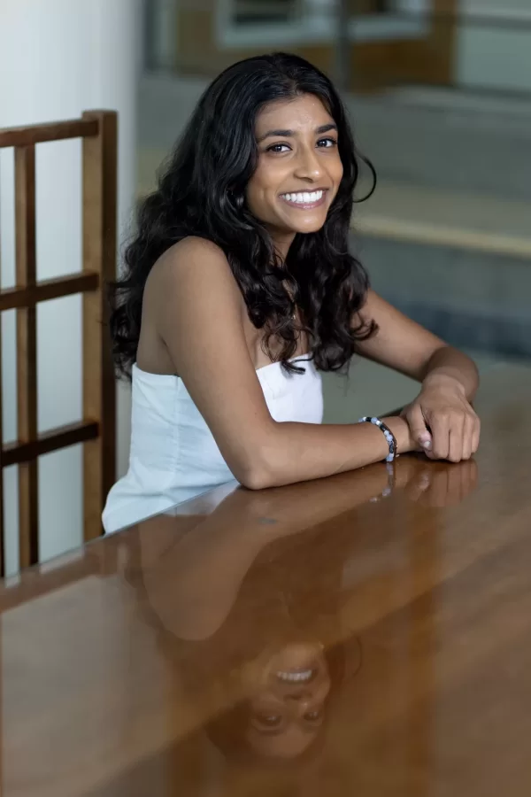 When Aanika Patel ’25 of Needham, Mass., will offer this year’s Senior Address at Commencement. On a rainy day, she poses for a portrait in Pettengill’s Perry Atrium.