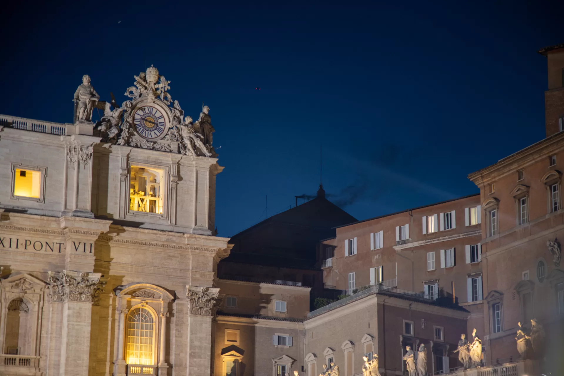 Black smoke rises from Sistine Chapel’s chimney on the evening of May 7 signaling the conclave’s 133 cardinals did not decide on a new pope. (Photograph by Carly Philpott '27)