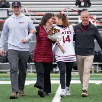 April 5th, 2025 - Garcelon Field The women’s lacrosse team took on the Connecticut College Camels this Saturday for their Senior Day match up. The bobcats came out on top with a final score of 13-11, with Julia Roelofs ’26 scoring a buzzer beater for the game-ending goal. Bates College President Garry Jenkins and his husband were in attendance to cheer on the team and celebrate the seniors.