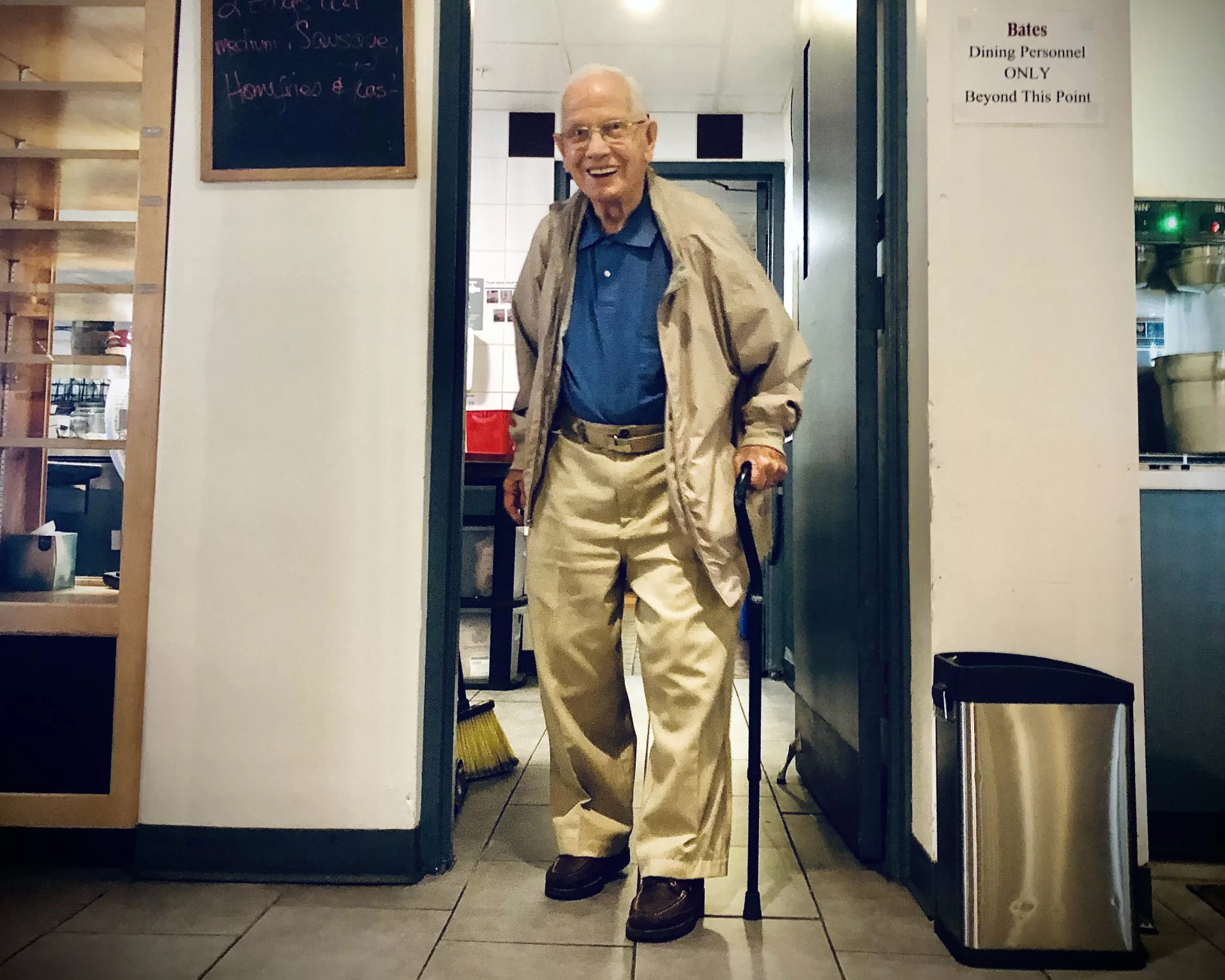 97-year-old Ralph Sylvester, Bates Class of 1950, arrives at the Bobcat Den on Aug. 17, 2021, where he renewed a morning routine, having breakfast with Alan Kelley of Facility Services in the Bobcat Den, which reopened today at 8 a.m. after being closed since March 20, 2020, due to the pandemic. “The Den is where Ralph and I became friends,” said Kelley, who is the mechanical and electrical services manager for Facility Services.
“You can see a lot of people come through the Den who you might not see on a regular basis on campus," Kelley added. "It’s great to say hi, how you doing, and fill your belly with a good meal to start your day.”