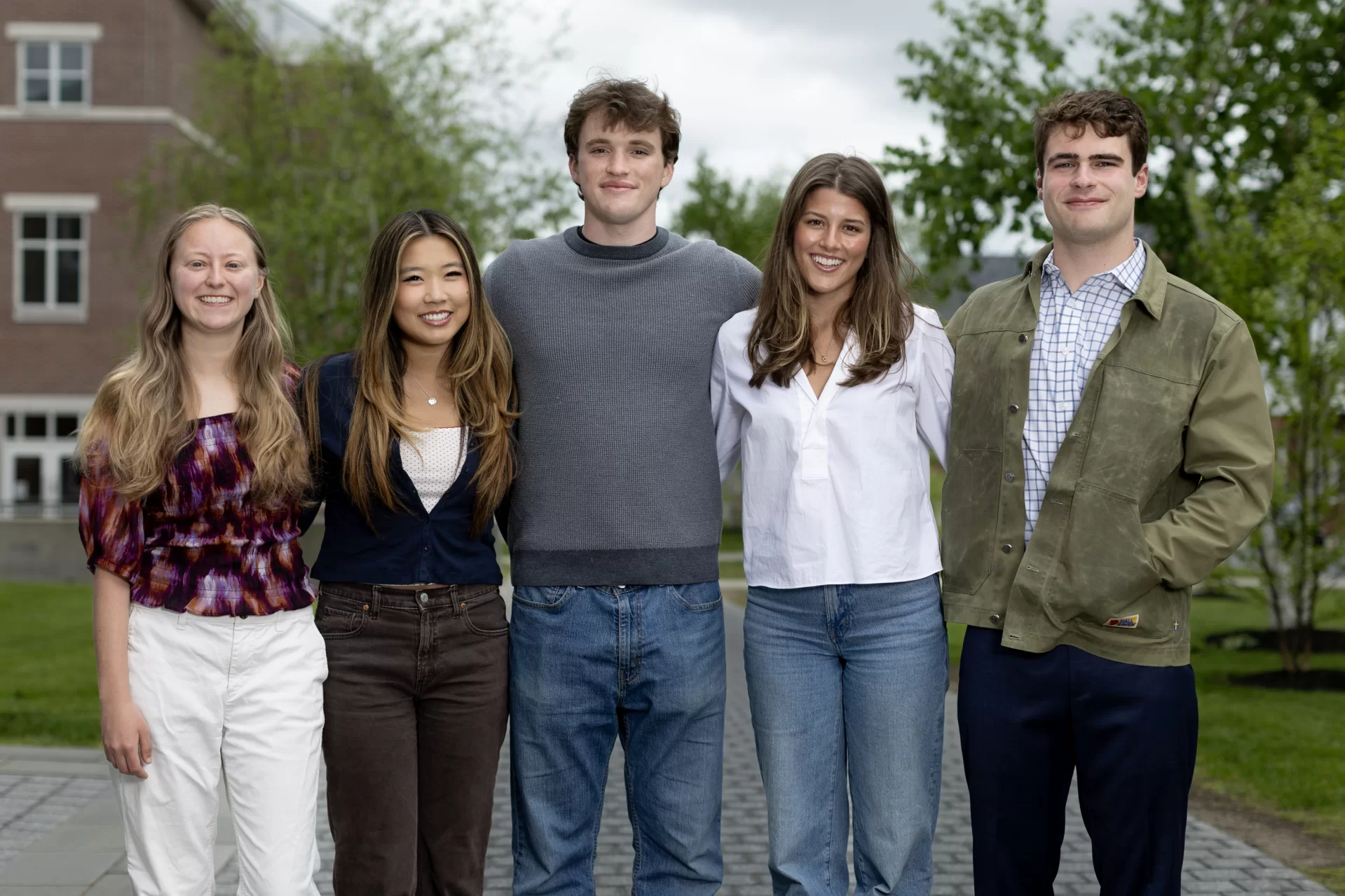 Five Bates seniors, named 2025 Fulbright finalists, pose on Alumni Walk on May 22, 2025.
In group photo, from left:
Maple Buescher (Spain ETA) of Cleveland Heights, Ohio;
Maddie Kwei (Taiwan ETA) of Pasadena, Calif.;
Charles Breyfogle (Switzerland ETA) of Columbus, Ohio;
Claire Bohmer ’25 (Study/Research - Slovenia) of Steamboat Springs, Colo.;
Wes DeOreo (Germany ETA) of Westport, Conn.