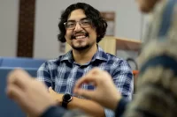 Misa Beltran-Guzman mbeltranguzman@bates.edu Director of First-Generation Programs Student Center for Belonging and Community Misa poses for portraits in his SCBC office and entry, and then interacts with colleagues and students. The session between 4-6 p.m. on Mondays is called “Snack and Chat.” Cooking in kitchen s Bianca Vega, Kessler Scholars program coordinator Sadie New, admission counselor (white blouse) Wearing a Bates hat between Sadie and Misa is Alina Kunakbayeva ’27 of Kazakhstan. Seated with Misa, from left are Alessandra Williams ’29, Kitana James ’29, and Lucy Meeker ’29.