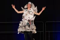 The Annual Harvest Dinner held in Commons, followed by horse rides around campus, a dessert part and the Annual Trashion Show in the Gray Athletic Building. Where friends, fashion, fun, and sustainability all collide. Welcome to the Bates Trashion Show 2025, held in the Gray Athletic Building on Wednesday, Nov. 19. All participants were winners! Singled out for recognition were, in first place, seniors Annie Robinson and Grace Thomas (the model), who designed the dress together; Professor of French and Francophone studies Kirk Read in second place; and in third place, a team of students in Read’s first-year seminar “Family Stories.”