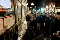 On a chilly night in December, students from Associate Professor of Theater Courtney Smith’s Introduction to Digital Media course presented their final project on Lisbon Street, the heart of Lewiston's historic downtown, and the subject of this interdiscliplinary course (cross listed between theater and digital and computational studies). For their work in this community engaged learning experience, they explored resources that included the Muskie Archives on campus and the Androscoggin Historical Society, to create a multimedia portrait of Lisbon Street, dating back to the days of electric trolley cars. In attendance at the big reveal included Professor Emeritus Doug Hodgkin, Lewiston Mayor Carl Sheline, and Darby Ray, who collaborated with Smith. (Phyllis Graber Jensen/Bates College)