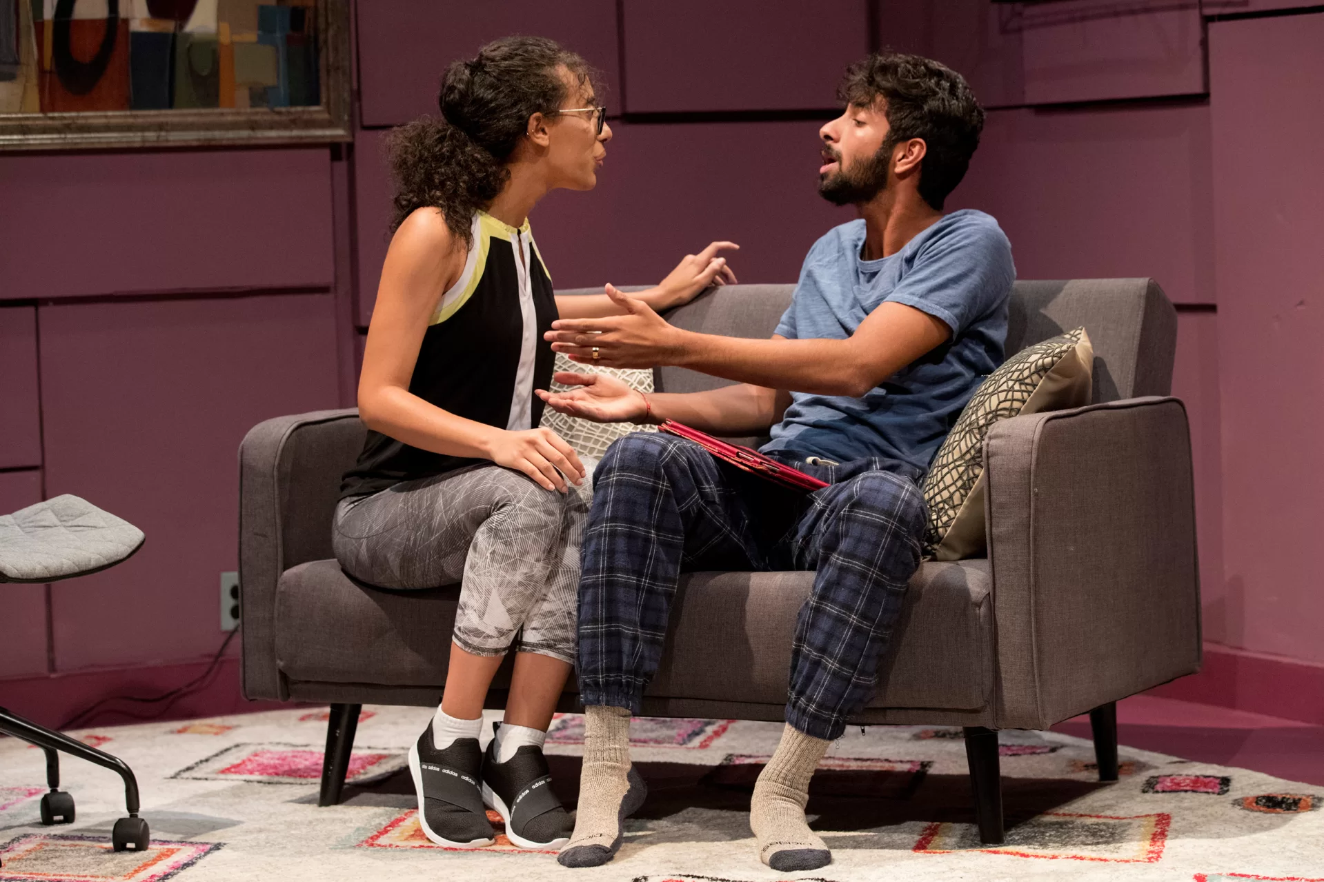 LOVE/ SICK
By John Cariani


Directed by Martin Andrucki

Scenery and Costume Design by Christine McDowell Lighting Design by Michael Reidy


PLAYWRIGHT'S NOTE:
LOVE/SICK is a .. . nine-play cycle about love and loss-but mostly loss. Each play has its own arc and tells the story of a couple at a crossroads in their relationship. Since each relationship is more advanced than the previous relationship, a larger arc emerges and the individual plays work together to create a satisfying whole that chronicles the life cycle  of  a typical relationship from meeting through divorce ... and afterwards.


TIME: 7:30 pm on a Friday night in June.
PLACE: An alternate suburban reality.


Play 1. "Obsessive Impulsive." WOMAN, Emily Diaz '23; MAN, Brady Chilson '23 Play 2. "The Singing Telegram." LOUISE, Alex Gilbertson '22; TELEGRAM MAN, Losseni Barry '22,
Play 3. "What?!?" ANDY, Noah Pott '22; BEN, Lucas Allen '22
Play 4. "The Answer." KEITH, Kush Sharma '23; CELIA, Sadie Basila '23 Play 5. "Uh-Oh." SARAH, Emily Diaz '23; BILL, Rishi Madnani '23

INTERMISSION

Play 6. "Lunch and Dinner." MARK, Brady Chilson '23; KELLY, Sadie, Basila '23 Play 7. "Forgot." KEVIN, Kush Sharma '23; JILL, Olivia Dimond '22
Play 8. "Where Was 17" LIZ, Muskan Verma '21; ABBIE, Hale Murch '22
Play 9. "Destiny." JAKE, Rishi Madnani '23; EMILY, Alex Gilbertson '22 The characters played by Brady Chilson and Emily Diaz, both ’23, are strangers irresistibly drawn together at a big-box store.