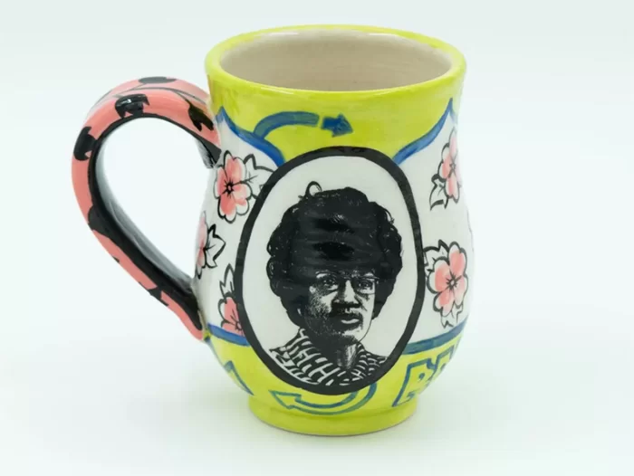 A colorful ceramic mug.