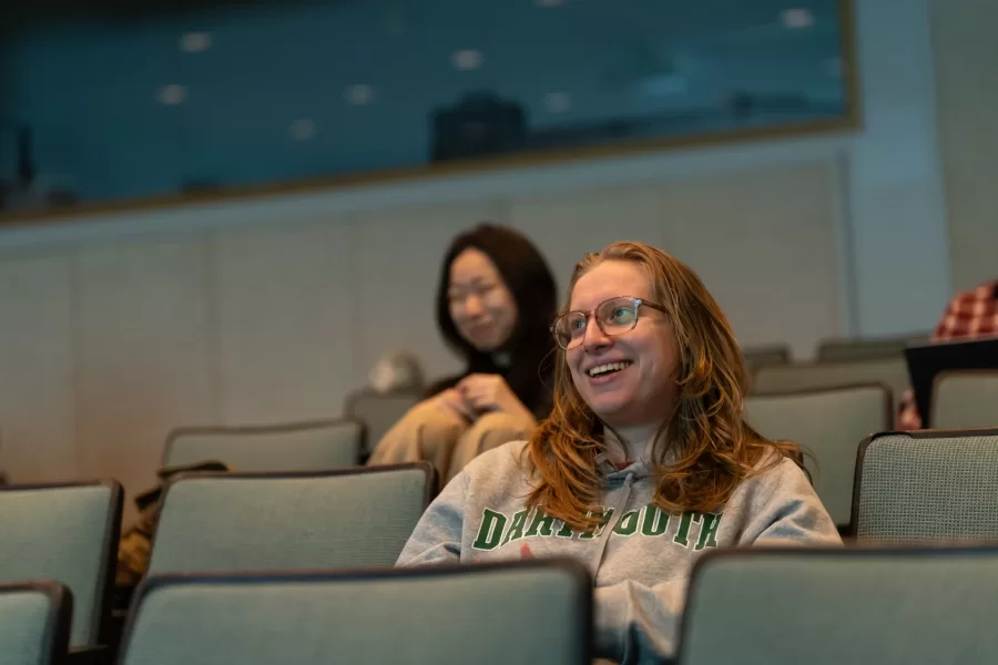 Lewiston, ME, United States  -- Students watch the film, “Say Cheese!” by Bates alum Amy Geller `96, during a Film Festival Studies taught by Professor Jonathan J. Cavallero in Olin Arts Center 105 at Bates College in Lewiston, ME on Wednesday, March 25, 2026. Students discussed whether they should show the film at the upcoming festival and issues with copyright over the music that is used in the film. (Photo by Yoon S. Byun) © 2026 Strewn Wonder, LLC