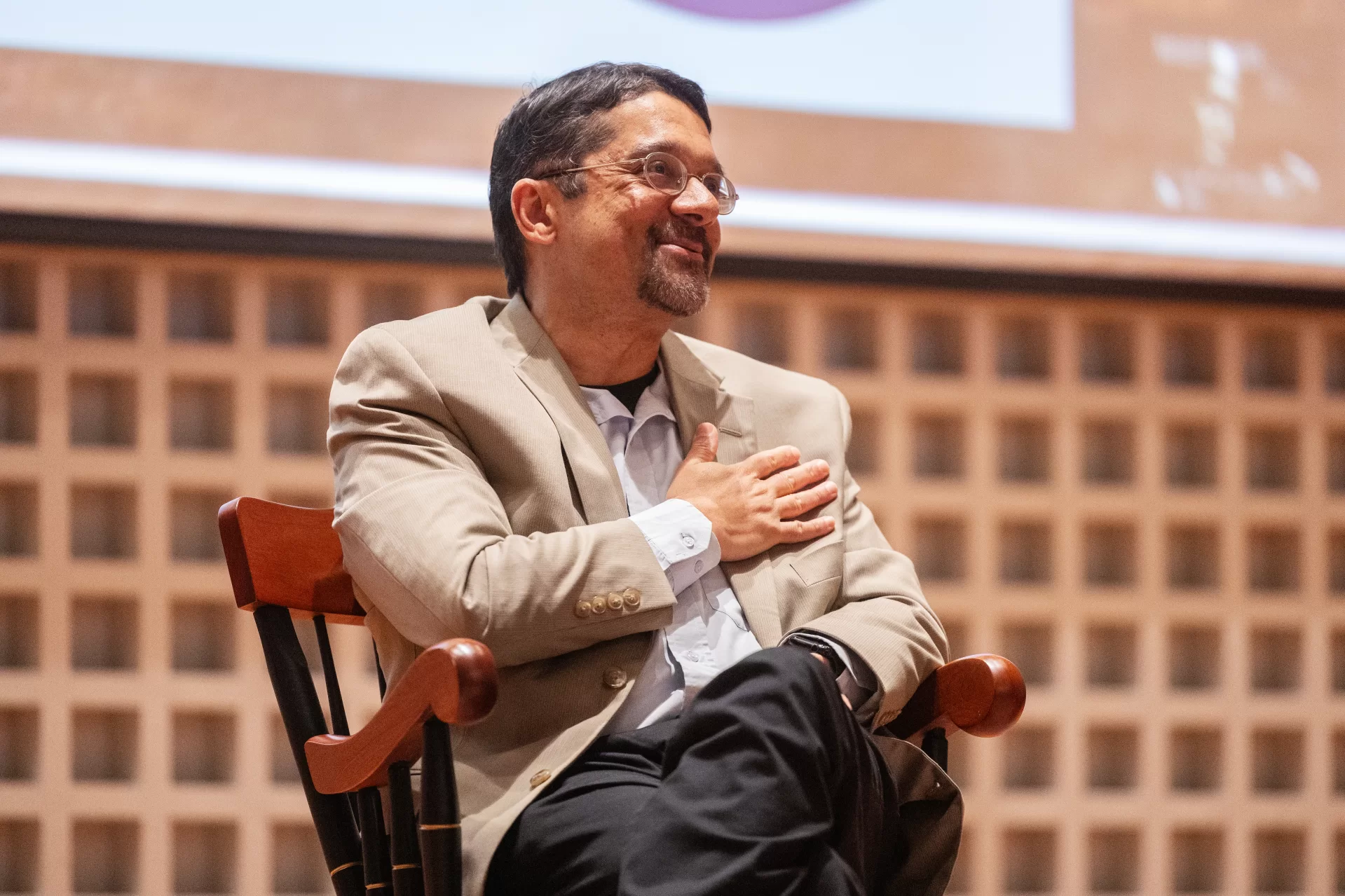 Moments from a presentation byThe Bates Open Network on Dialogue, BOND Welcomes "Hidden Brain" Podcast Host, Shankar Vedantam, during a fireside in the Olin Concert Hall at Bates College on April 2, 2026. Moderated by Charles Nero (Africana Studies and Rhetoric and Film Studies) and Elena Maker-Castro. (Theophil Syslo | Bates College)
