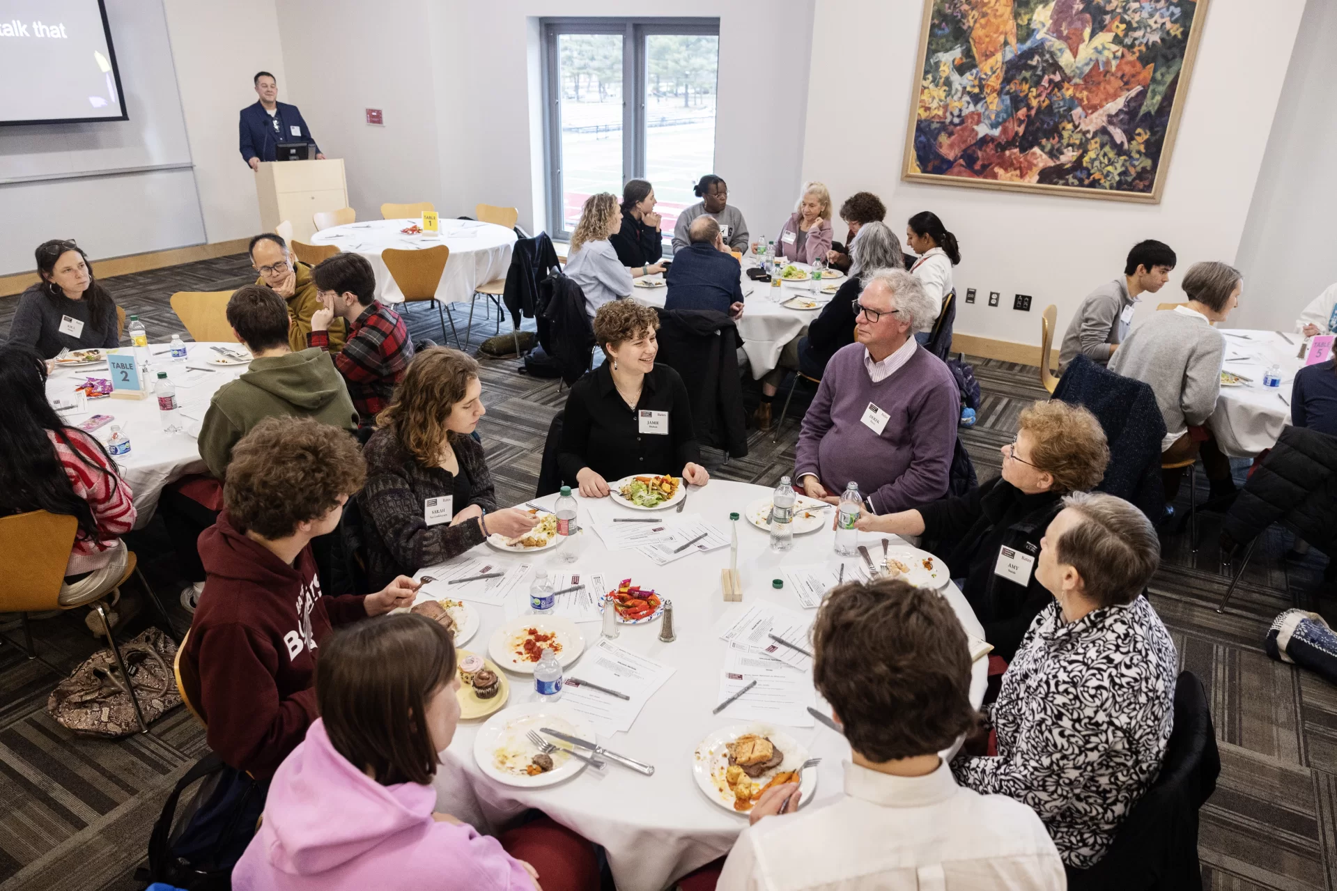 Following a presentation by The Bates Open Network on Dialogue, BOND Welcomes "Hidden Brain" Podcast Host, Shankar Vedantam, members met at Commons 221/222 for a Dinner & Dialogue on April 2, 2026.(Theophil Syslo | Bates College)