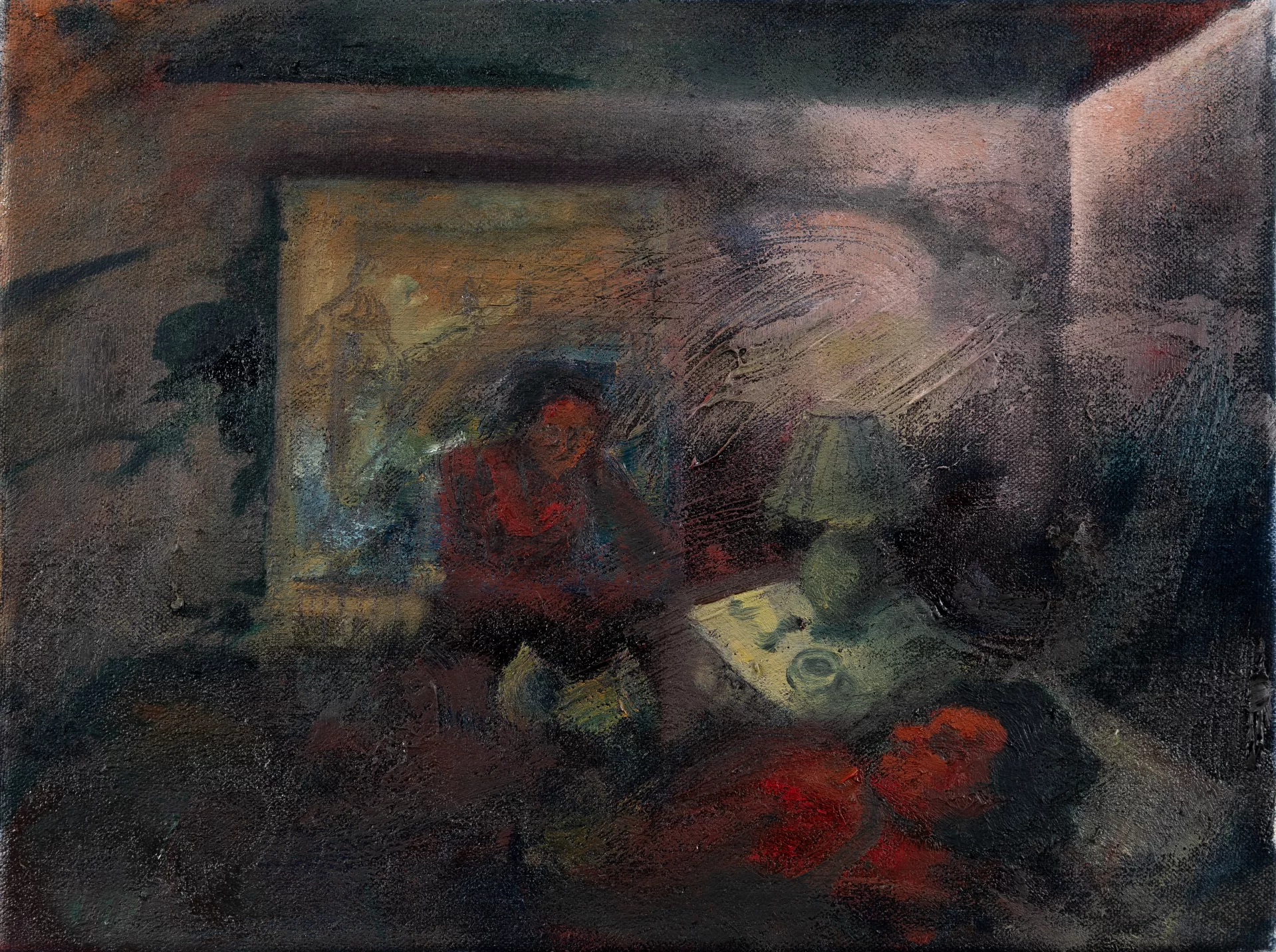 An oil painting of a dark room with people inside.