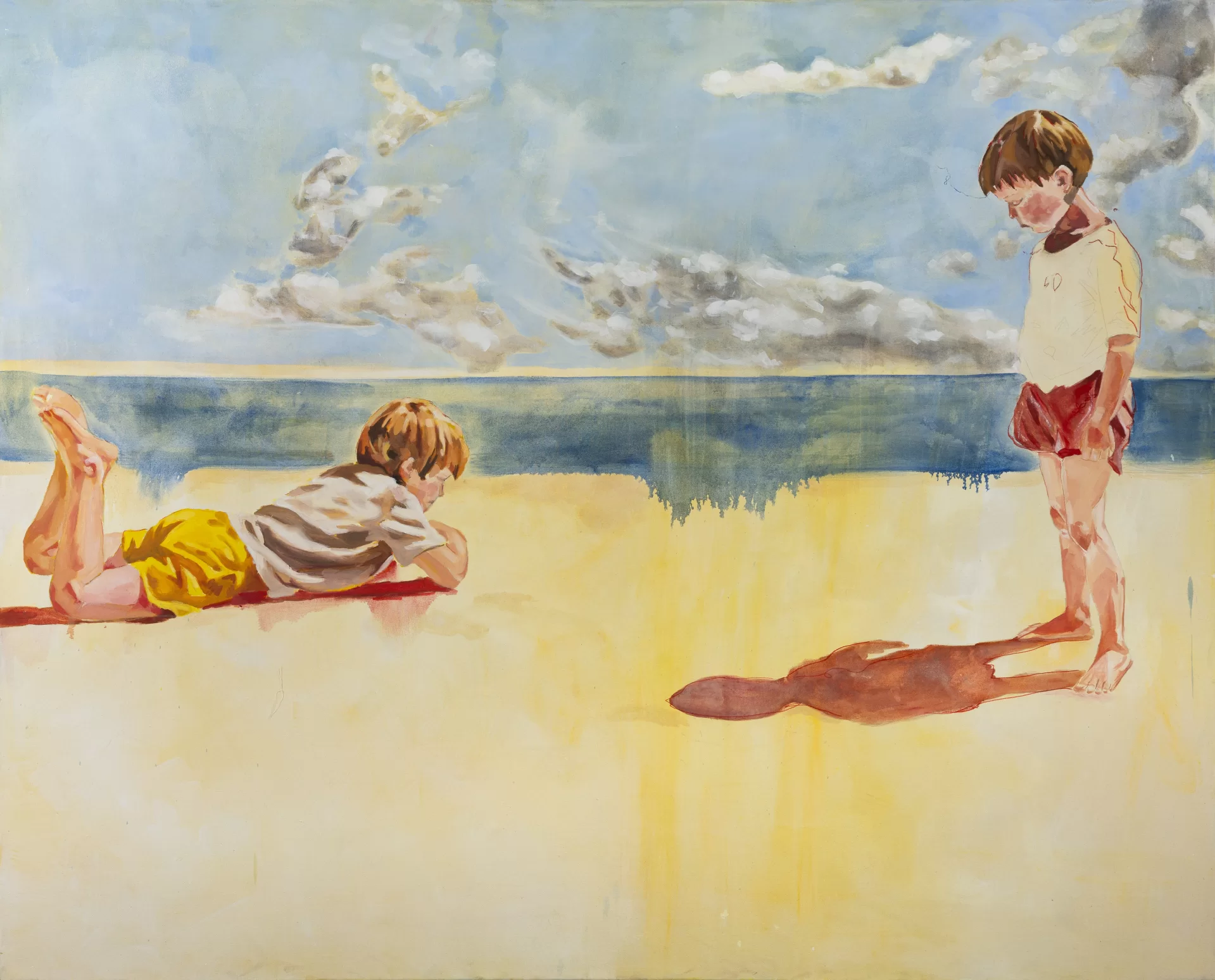 A painting of two boys on the beach on a bright day.