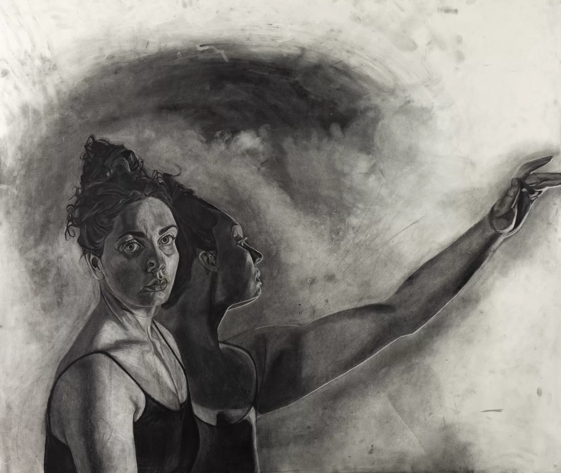 A charcoal drawing of a woman in front of a mirror.