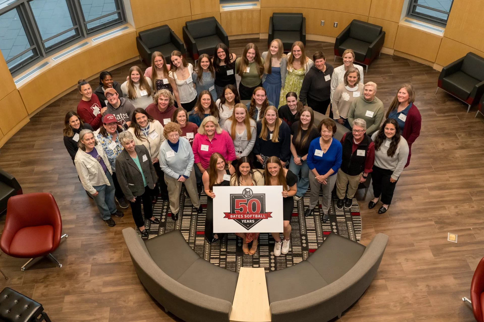 Softball alumni gathered for a celebration of the 50 years of Bates softball on May 2. (Rene Roy for Bates College)