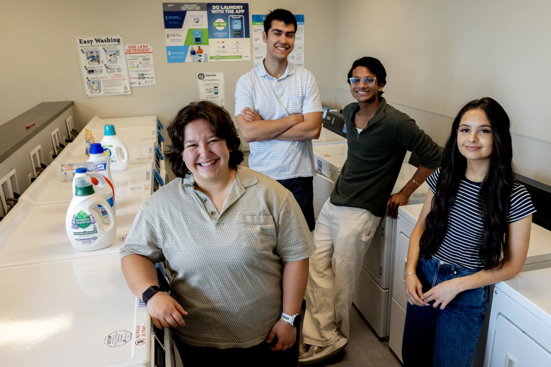 Students who were involved in securing free laundry washing for all Bates students, posing in the laundry room in Chu Hall on May 27, 2026.

Aleisha Martinez Sandoval ’26 of Mexico City, Trinity Monstwillo ’26 of Corvallis, Ore., Mohammad Zayd ;27 of the Bronx, N.Y., and Zachariah Richards ’26 of Princeton, Mass.