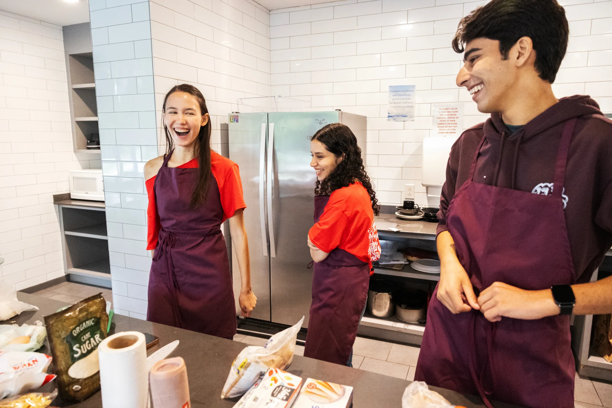 Moments from CulinarySOP with student leaders Gabe Gracies ’29 of Worcester, Mass., and Ian del Rio ’29 of Bolivia, in Chu Hall on August 30, 2026. (Theophil Syslo | Bates College)