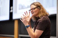 Moments from Jessica Anthony’s Kroepsch Award Lecture on her latest novel, ‘The Most’ In Pettengill Hall on September 30th, 2026.(Theophil Syslo | Bates College)
