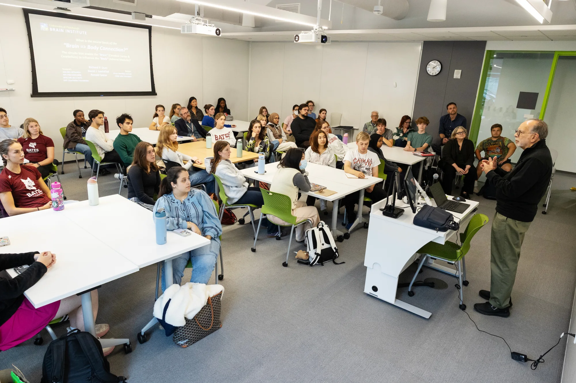 Moments from neuroscientist Peter Strick's seminar in Bonney Science Center on September 30, 2026.(Theophil Syslo | Bates College)