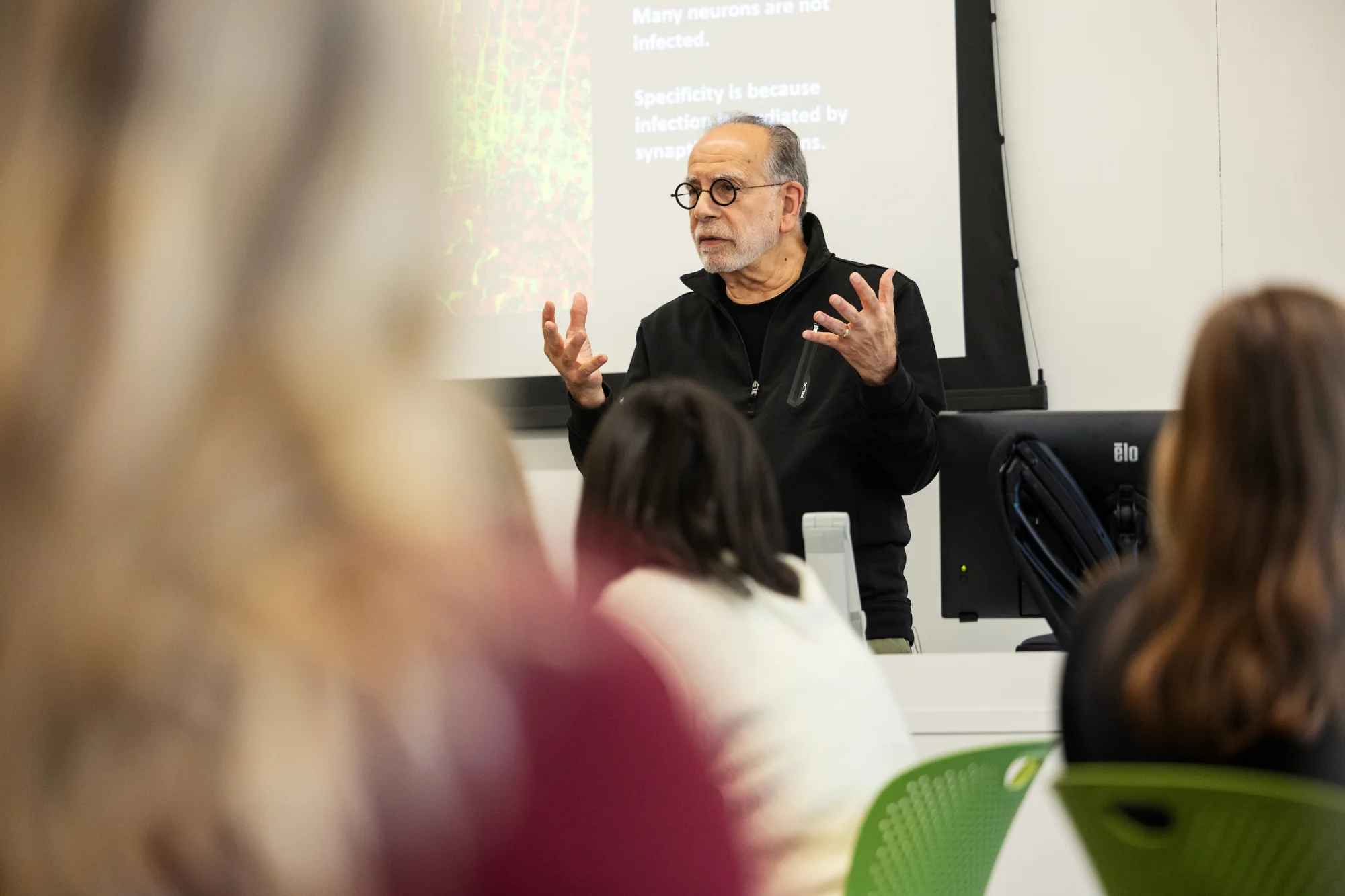 Moments from neuroscientist Peter Strick's seminar in Bonney Science Center on September 30, 2026.(Theophil Syslo | Bates College)