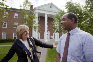 Bates President Clayton Spencer and James Reese, associate dean of students, shared a moment of deja vu Monday morning, July 2, as the eighth president of the college began her first week in office. The two were high school classmates.