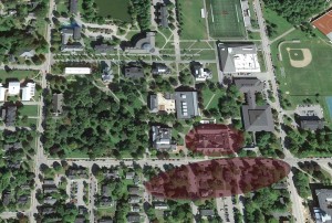 The two shaded ovals in this aerial view of campus represent the general focus of the Campus Life Project along Campus Avenue. The lower oval shows the location of future residence halls, including space for the College Store. The upper oval shows Chase Hall. This illustration is not intended to show a specific project footprint. (Map data: Google Earth)