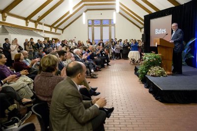 Members of the campus community attend the gift announcement celebration in Memorial Commons on Friday. The gathering included faculty, staff, students, trustees, and Alumni Council members. (Phyllis Graber Jensen/Bates College)