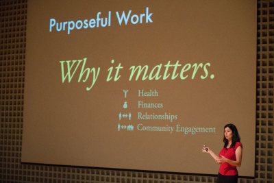 Rebecca Fraser-Thill delivers the college's Purposeful Work message to new parents on Opening Day in 2016. (Phyllis Graber Jensen/Bates College)