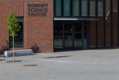 The hardscaping has come together near the science center's front doors in this June 28 image. (Doug Hubley/Bates College)