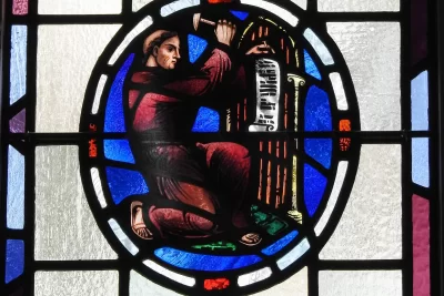 From Bates history: Martin Luther’s stained glass, water-shooting derrick
