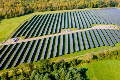 This aerial photo shows the completed photovoltaic array on more than 20 acres of countryside in the town of Skowhegan. Maine, on Sept. 21, 2023.(ReVision Energy photo)