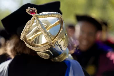 Opening Convocation at 11 a.m. Sept. 2, 2025, on the Historic Quad, followed by In Memoriam: Tree Planting Service. Processional Welcome by President Garry Jenkins Mace Bearer Mary T. Rice=DeFosse Greetings by Zach Richards ’26 and Mohammad Zayd ’27, Co-Presidents Convocation Address “A College for Coming Times” Rebecca Herzig, Professor of Gender and Sexuality Studies Benediction Raymond Clothier, Interim Multifaith Chaplain Memorial Tree Planting Alongside Gomes Chapel on College Street, in memory of those in the Bates community who died during the past year. The tree was designated with a yellow bow.