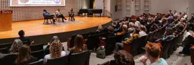 Moments from a presentation byThe Bates Open Network on Dialogue, BOND Welcomes "Hidden Brain" Podcast Host, Shankar Vedantam, during a fireside in the Olin Concert Hall at Bates College on April 2, 2026. Moderated by Charles Nero (Africana Studies and Rhetoric and Film Studies) and Elena Maker-Castro. (Theophil Syslo | Bates College)