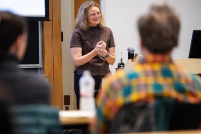 Moments from Jessica Anthony’s Kroepsch Award Lecture on her latest novel, ‘The Most’ In Pettengill Hall on September 30th, 2026.(Theophil Syslo | Bates College)