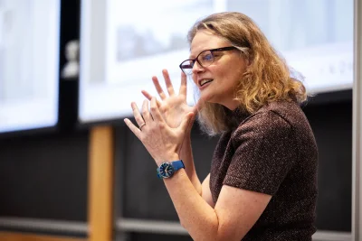 Moments from Jessica Anthony’s Kroepsch Award Lecture on her latest novel, ‘The Most’ In Pettengill Hall on September 30th, 2026.(Theophil Syslo | Bates College)