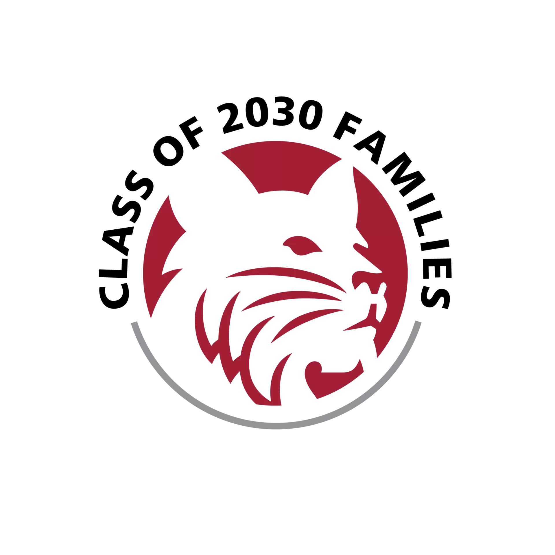 A circular logo with the Bates Bobcat in garnet surrounded by black text which reads "Class of 2030 Families"