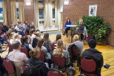 Peggy Koenig P'17, private equity co-CEO at ABRY Partners sits down for an interview with Rebecca Fraser-Thill, Director of Program Design for the Purposeful Work initiative and Lecturer in Psychology, at the Mays Center Nov. 11th.