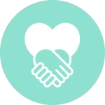 Teal iconography with white heart and holding hands
