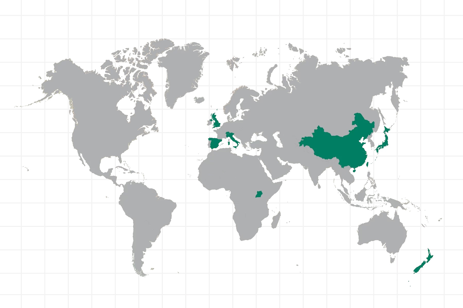 world map with highlighted areas corresponding with areas of work