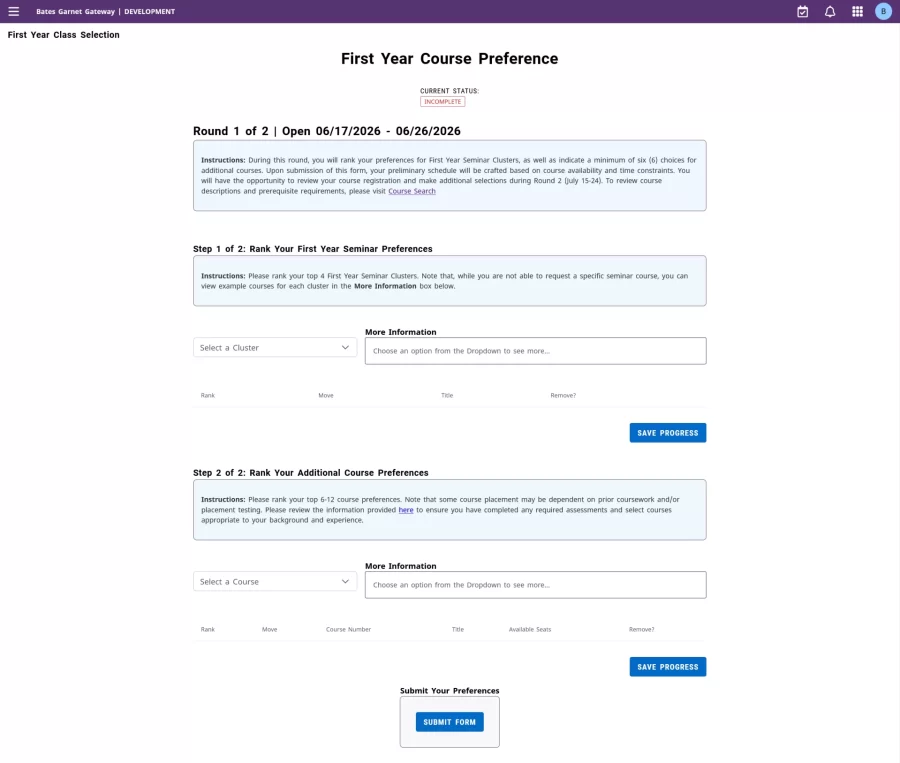 A screenshot of the First-Year Course Preference form, showing spaces to assign your preferences for First-Year seminars and other courses.