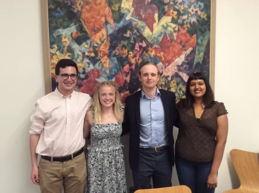 Four Religious Studies Majors earned Honors for their thesis work this year. From left: Max Devon, "The Seekers: American Religion in the Context of Heaven's Gate”; Alice Cockerham, "The Mark of the Beast, the COVID-19 Pandemic, and the End of the World”; Jack Cantor, "Of Pawos and Bodhisattvas: The Poltico-Religious Language of Tibetan Self-Immolation”; and Khushi Choudhary, "Gardens of Oppression: In Search of Her Delight"